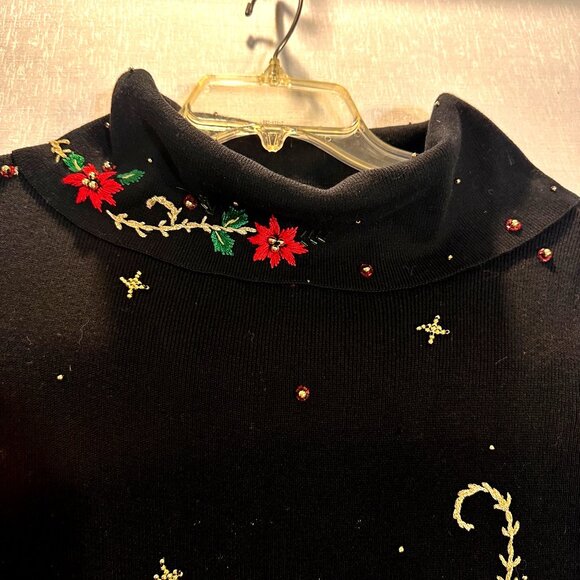 Vintage Kikit Black Christmas Sweater Red Poinsettia Embroidery Beaded Accents H - Picture 3 of 8